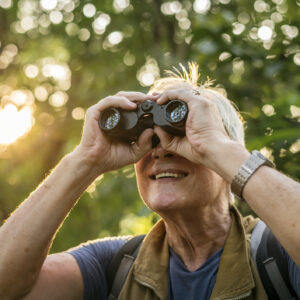Elderly man watching birds with binoculars